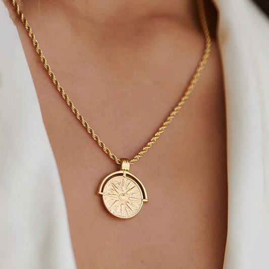 Women's All-match Titanium Steel SUNFLOWER Round Embossed Pendant Necklace